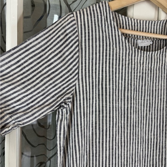 Len Ok S Black White Linen Striped tunic short sleeve summer Dress with pockets - Picture 2 of 6